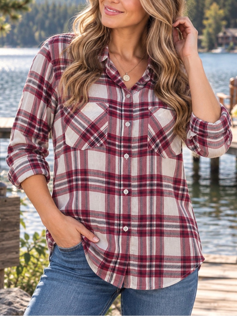Lucky Brand Women’s S/P Plaid Button Down Shirt Red White Blue Western